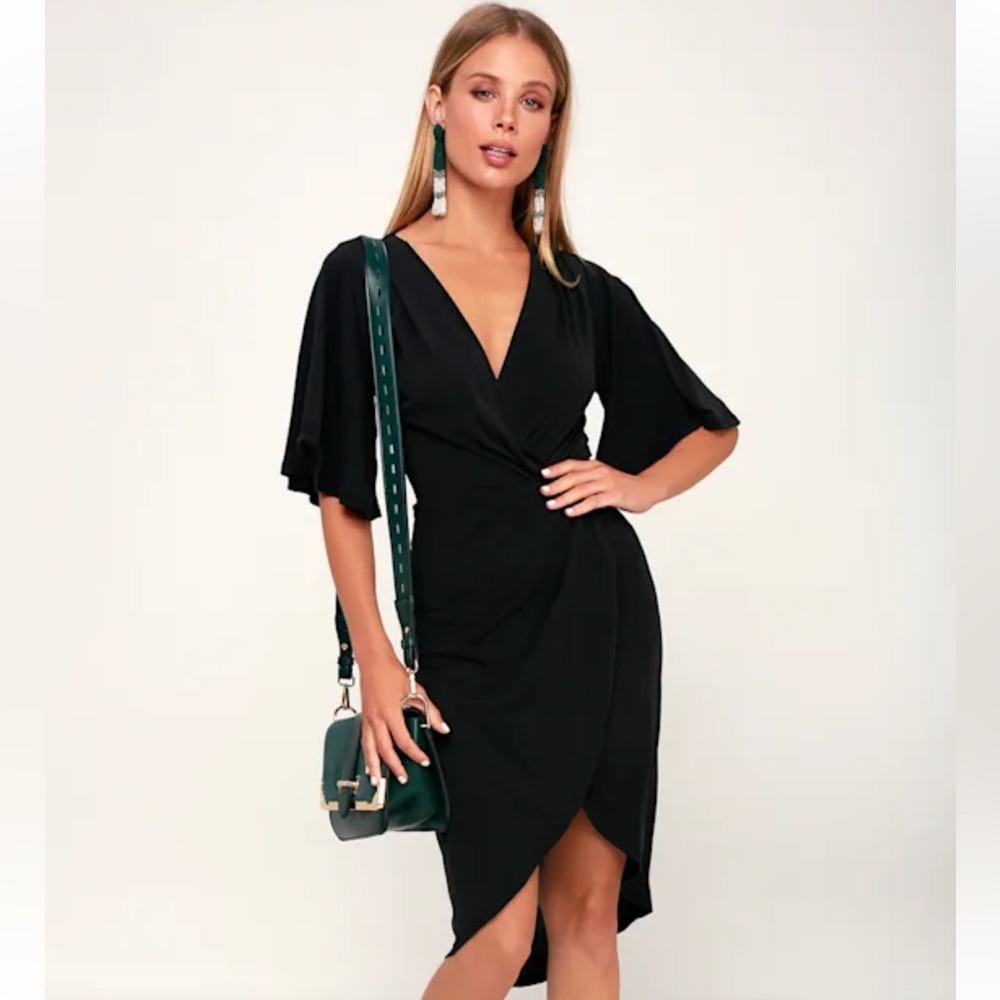 Lulu's Dulcet Washed Black Surplice Midi Dress Medium